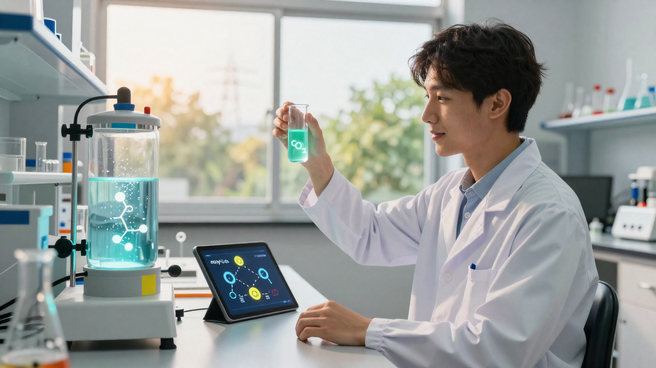 Cientista jovem a analisar líquido azul num frasco, sentado numa bancada de laboratório moderno com equipamento e tablet.