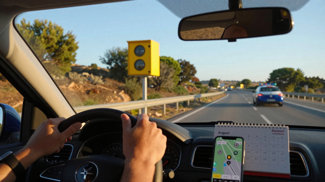 Mãos ao volante de carro numa estrada com radar de velocidade à frente, smartphone e calendário no tablier.