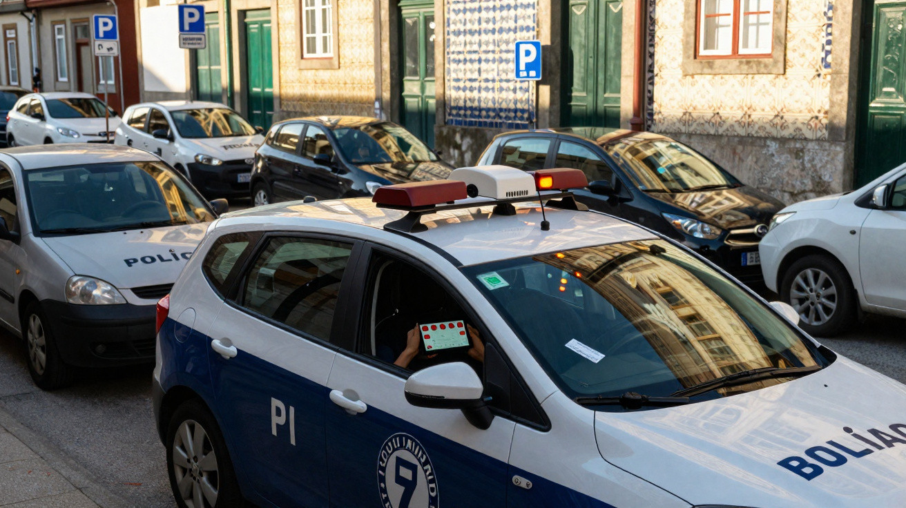 Carro policial estacionado numa rua com edifícios de azulejos portugueses ao fundo.