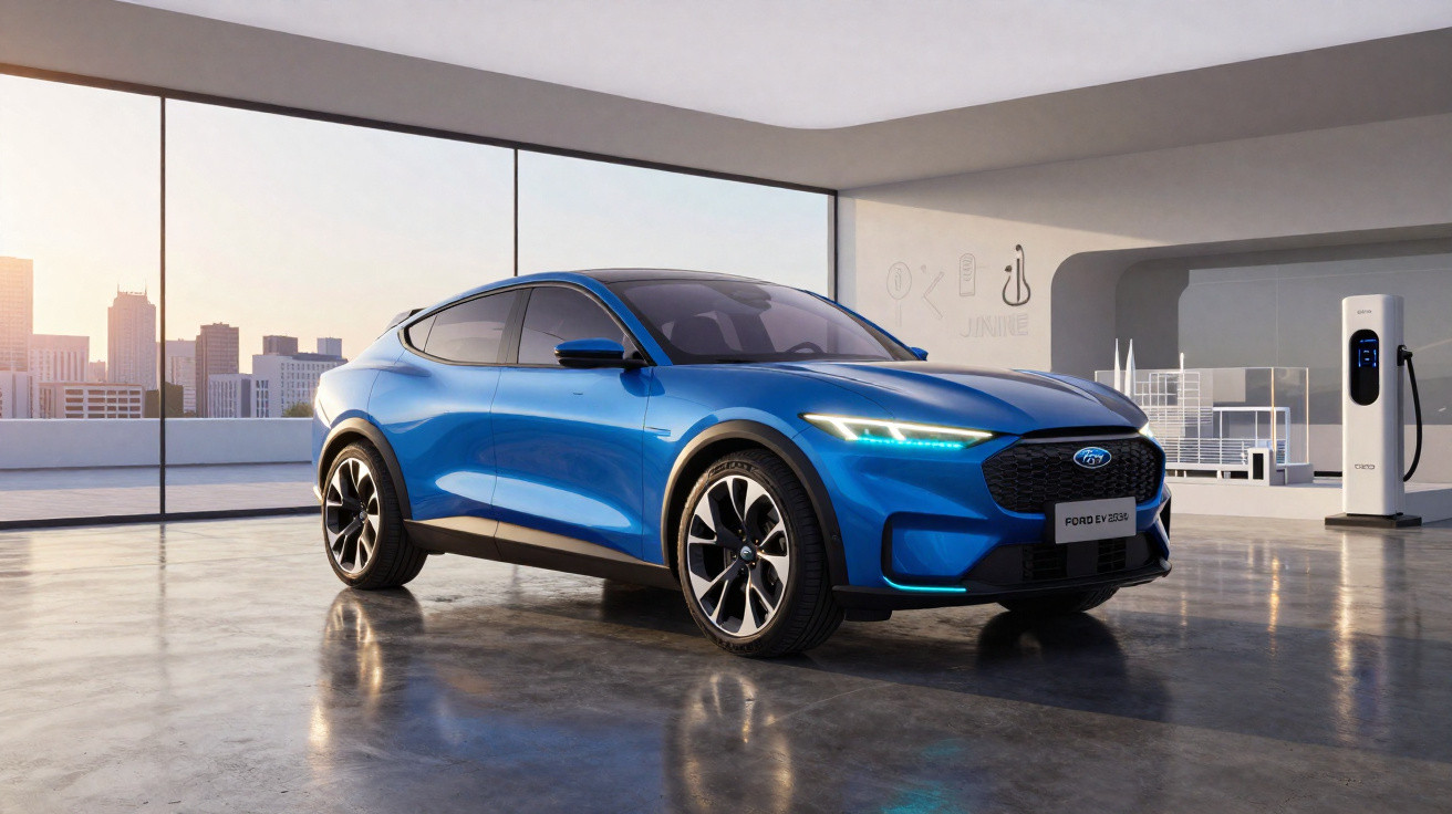Carro elétrico azul Ford Mustang Mach-E estacionado em garagem moderna com estação de carregamento.
