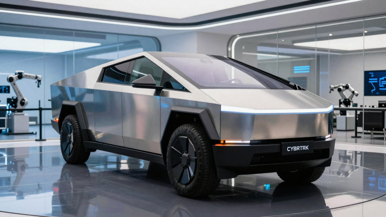 Veículo elétrico Tesla Cybertruck prateado exposto num showroom moderno com chão refletor.