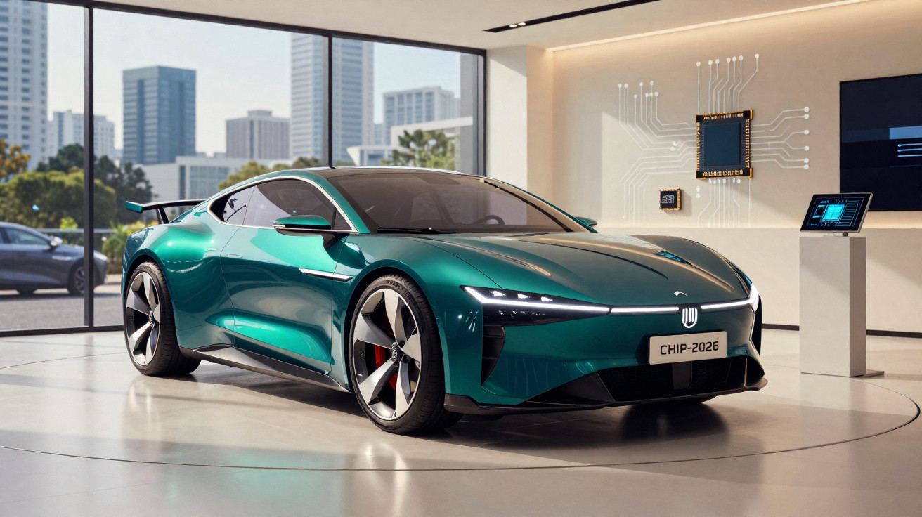 Carro desportivo elétrico verde com design futurista exposto em salão com circuito eletrônico na parede.