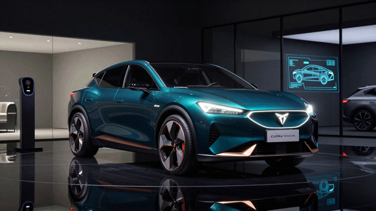 Cupra Tavascan elétrico verde com luzes ligadas em ambiente moderno de exposição automóvel.