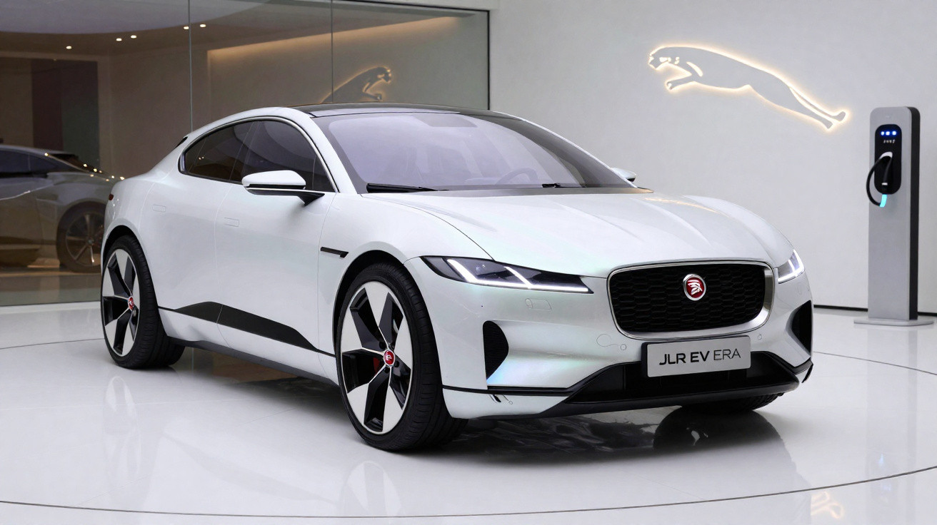 Carro elétrico branco Jaguar I-PACE em exposição com logo iluminado e estação de carregamento.