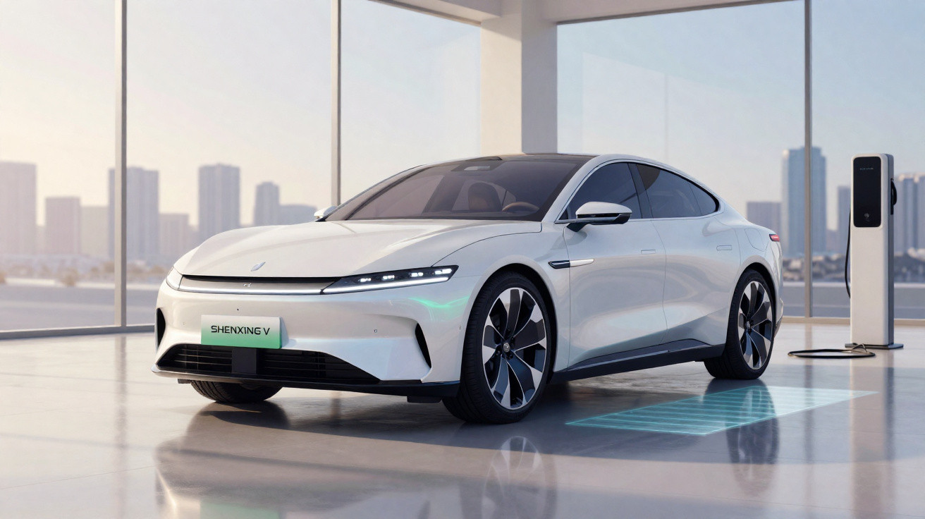 Carro elétrico branco moderno estacionado em interior com carregador elétrico ligado ao fundo.