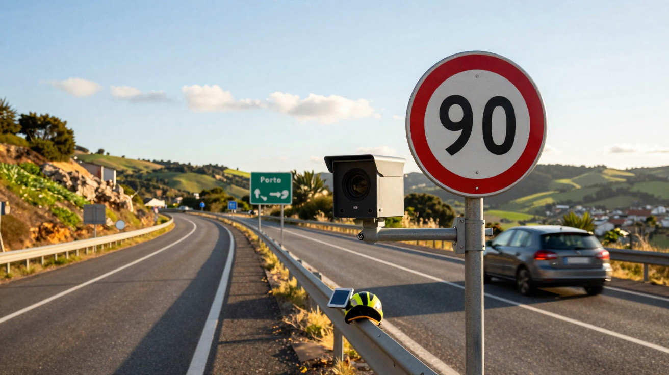 Sinal de limite de velocidade de 90 km/h e câmara de radar numa autoestrada com carro a circular e sinal de direção para Port