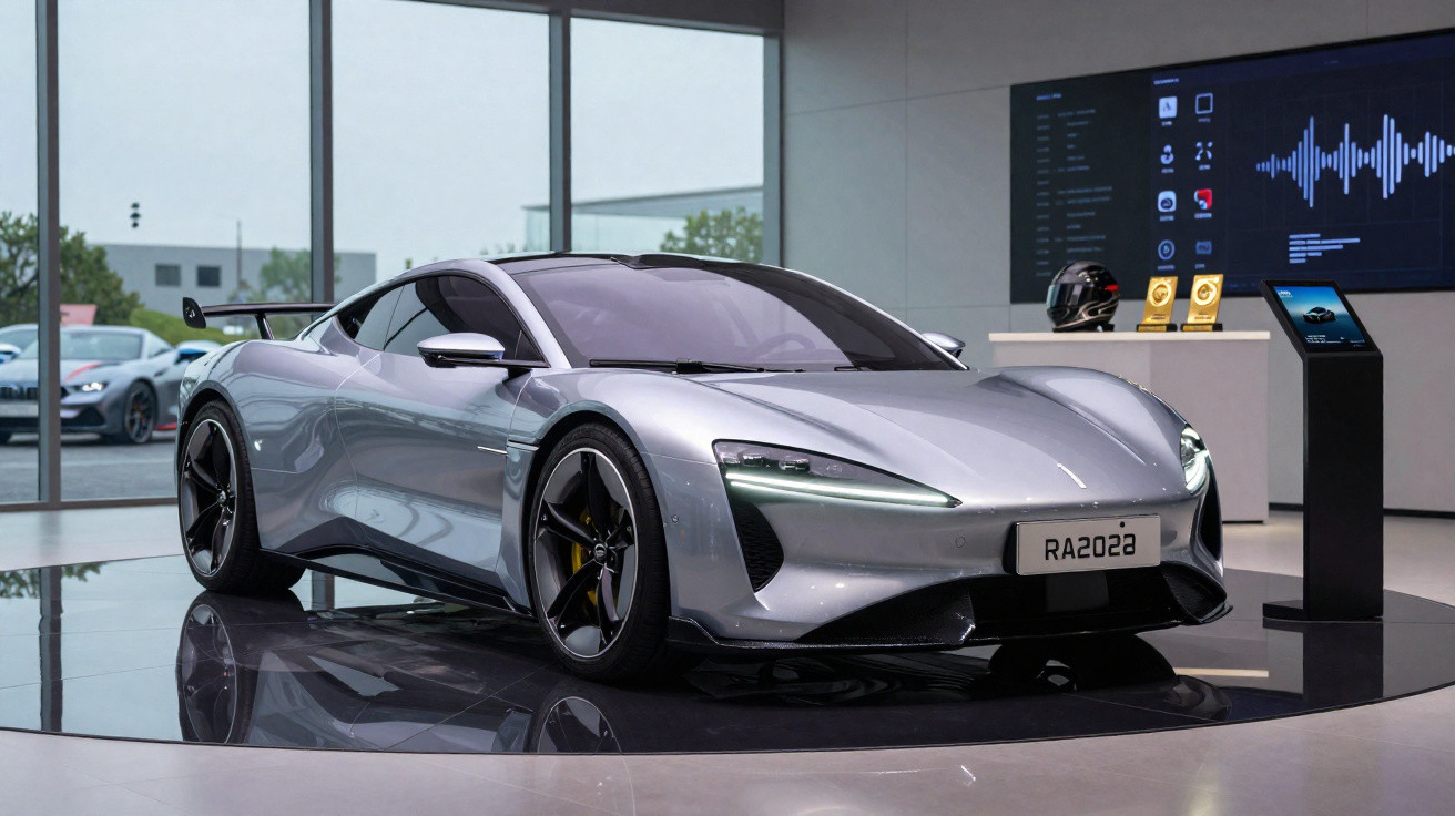 Carro desportivo elétrico prateado em exposição num showroom moderno com janelas amplas.