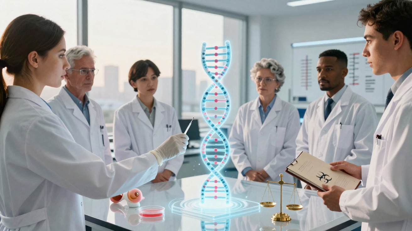 Grupo de cientistas em laboratório a analisar holograma de dupla hélice do ADN.