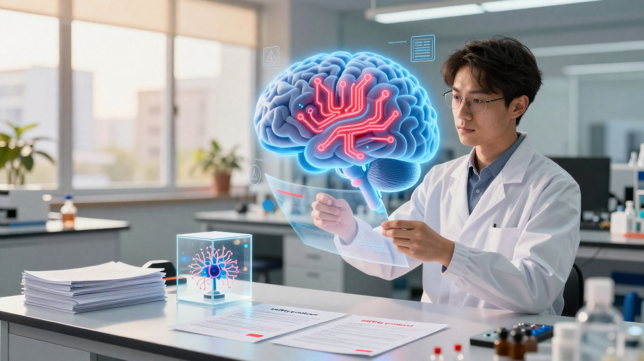 Cientista em laboratório analisando um cérebro holográfico com circuitos vermelhos, representando neurotecnologia.