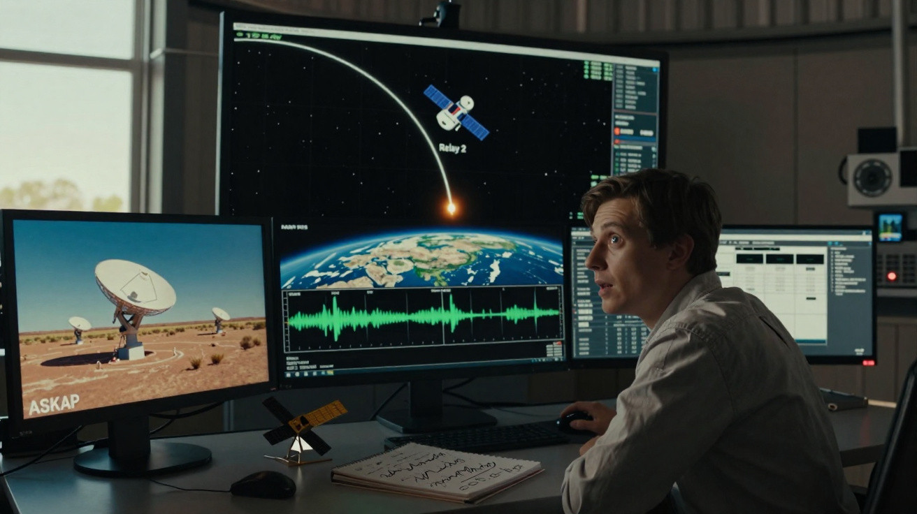 Homem a analisar dados de satélite em múltiplos monitores numa sala de controlo tecnológica.