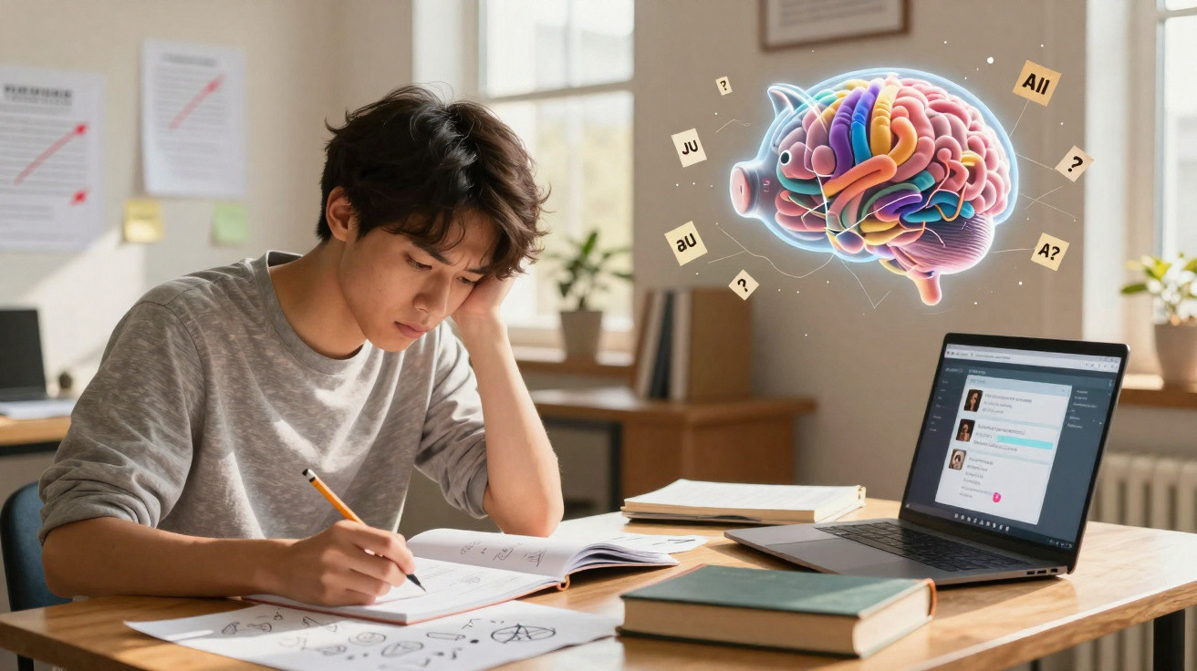Estudante concentrado a fazer anotações com computador aberto e ilustração holográfica de cérebro colorido.