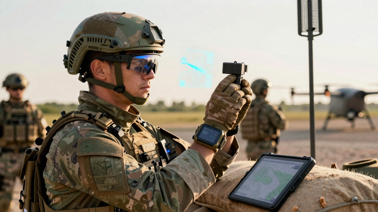 Soldado em uniforme militar com tablet e dispositivo tecnológico em ambiente de treino ao ar livre.