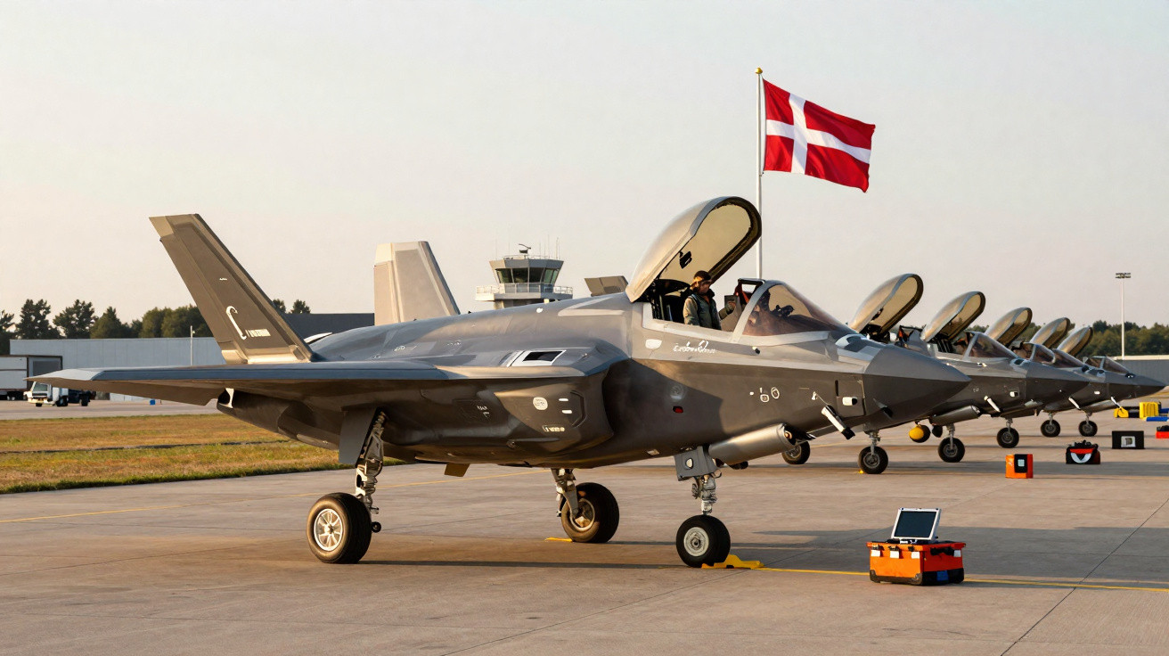 Aviões militares F-35 alinhados na pista de aeroporto com bandeira da Dinamarca ao fundo.