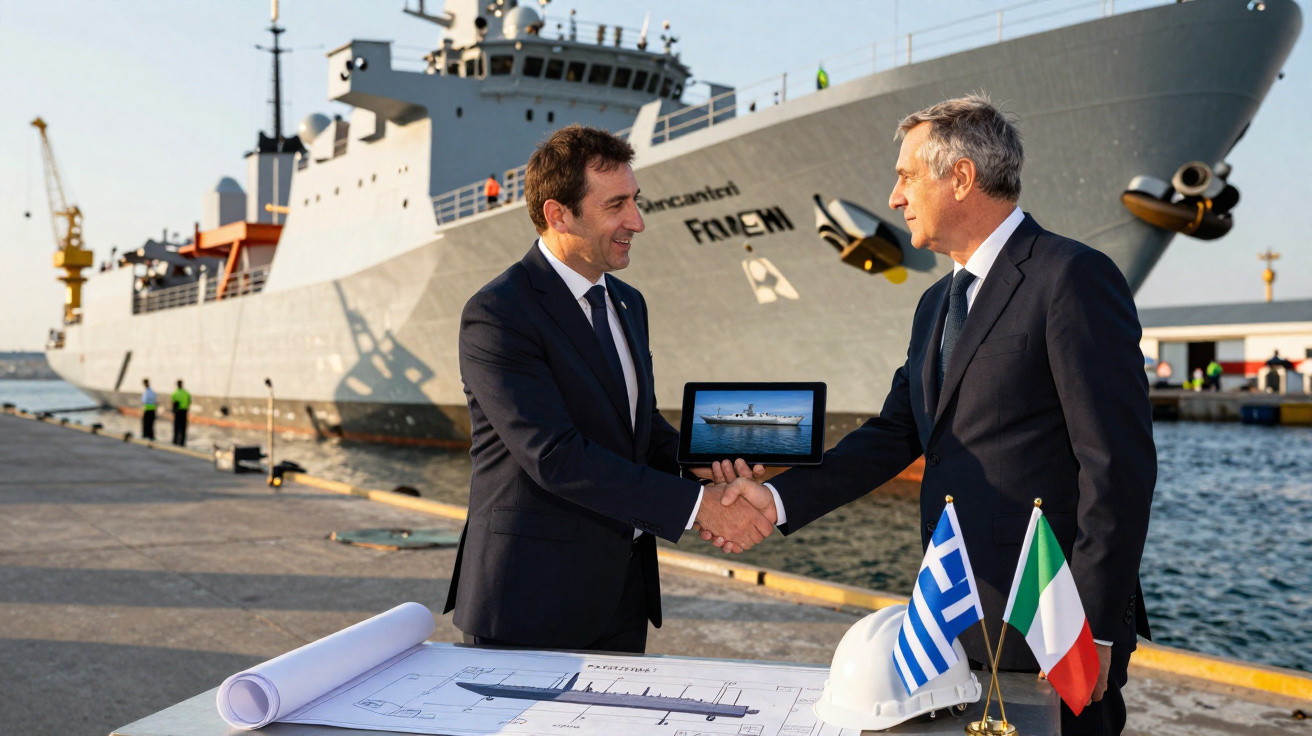 Dois homens de fato apertam as mãos junto a maquete de navio e plantas, com navio de guerra ao fundo.