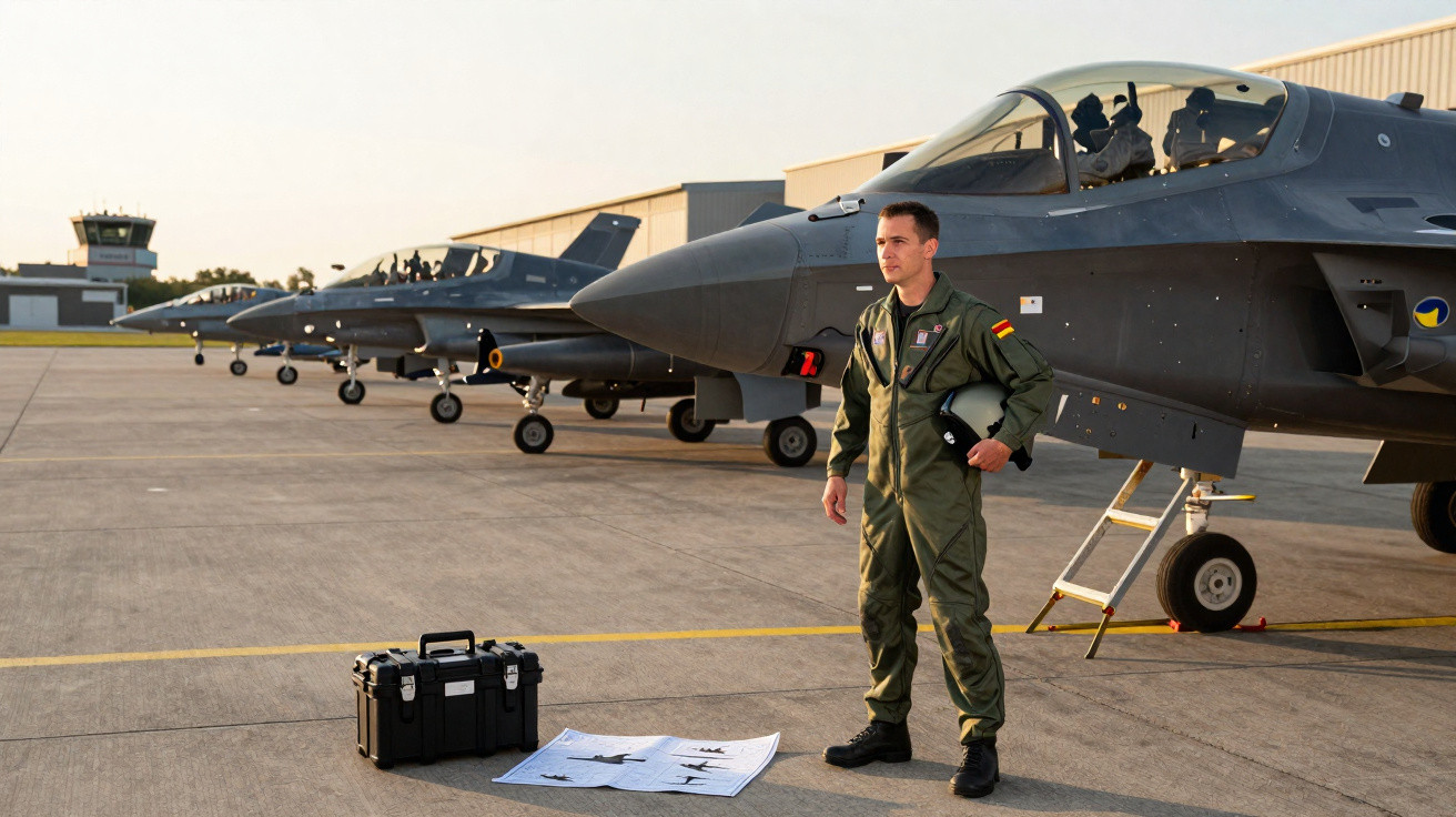 Piloto em fato verde junto a jatos militares alinhados numa pista de aeroporto ao pôr do sol.
