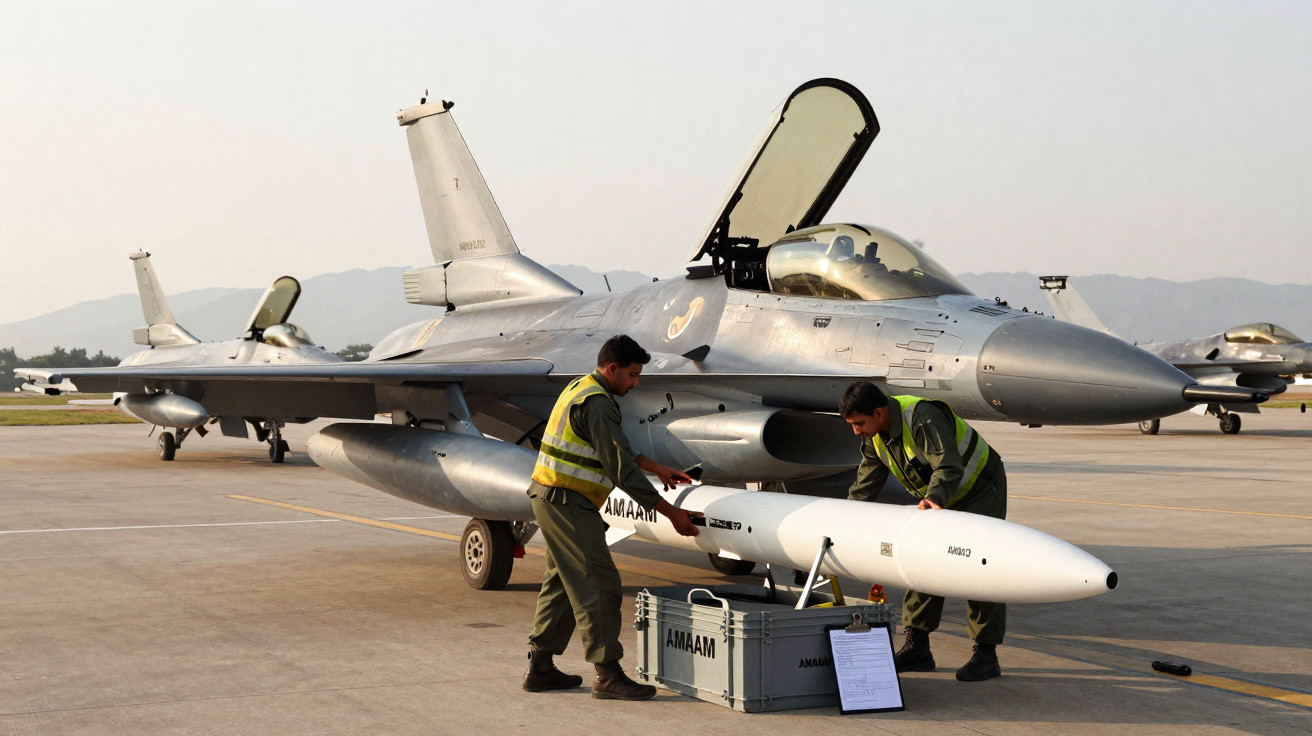 Dois militares preparam um míssil para instalar num caça militar estacionado numa pista de aeroporto.