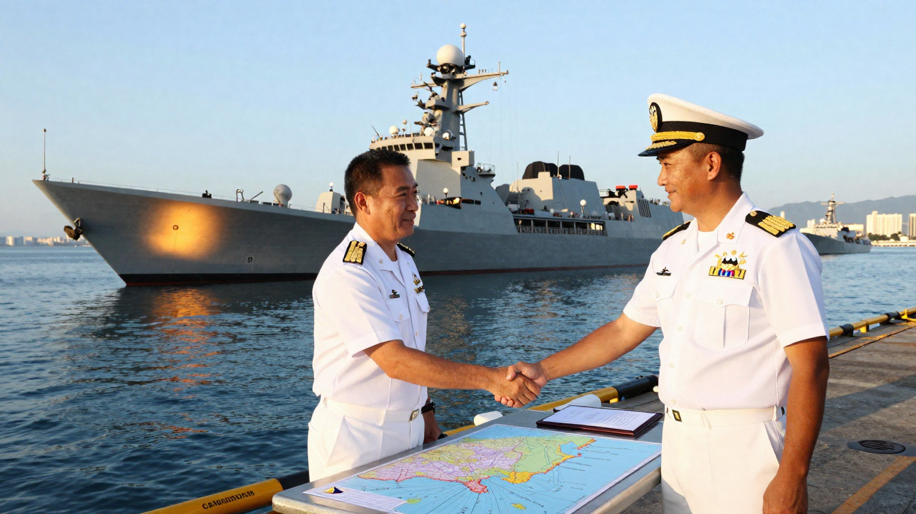 Dois oficiais da marinha em uniforme branco apertam as mãos num cais, com navios militares ao fundo.