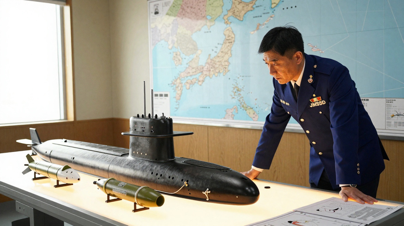 Homem em uniforme militar observa modelo detalhado de submarino numa sala com mapa na parede.