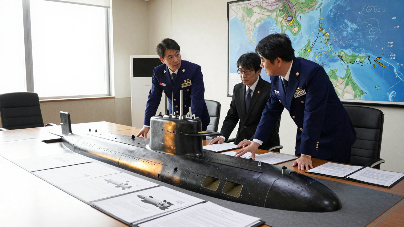 Três homens em uniforme militar analisam modelo de submarino numa sala de reuniões com mapa náutico ao fundo.