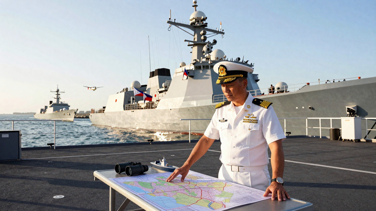 Oficial naval em uniforme branco a analisar mapa numa mesa com navios de guerra ao fundo no mar.