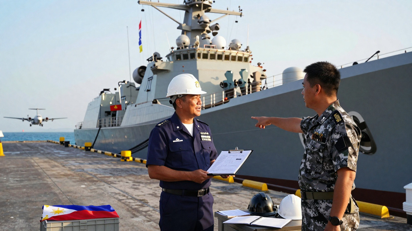 Dois militares junto a um navio de guerra num porto, com um avião a aterrar ao fundo.