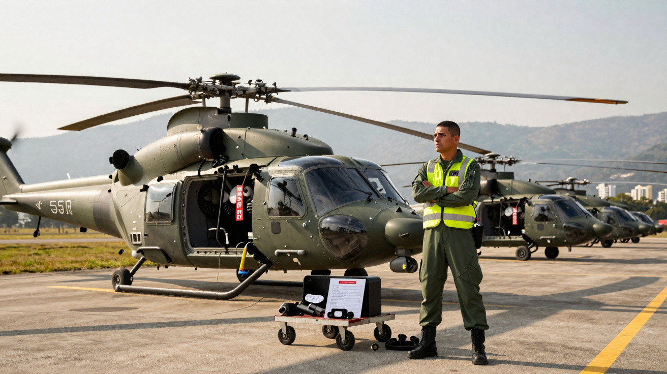 Homem em uniforme e colete refletor junto a helicópteros militares alinhados em pista de aterragem.