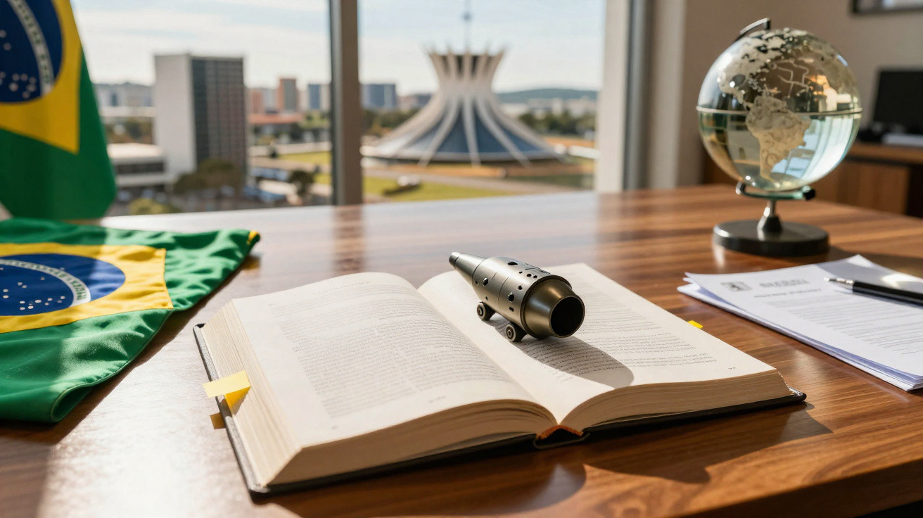 Bandeira do Brasil, livro aberto com miniatura de foguete, globo terrestre e documentos sobre mesa, com edifício da Catedral 