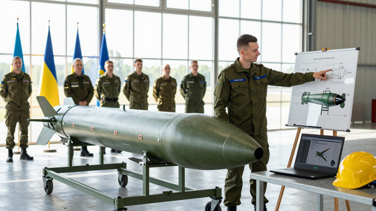 Soldados militares com uniformes verdes examinam um projétil grande com apresentação técnica em hangar iluminado.