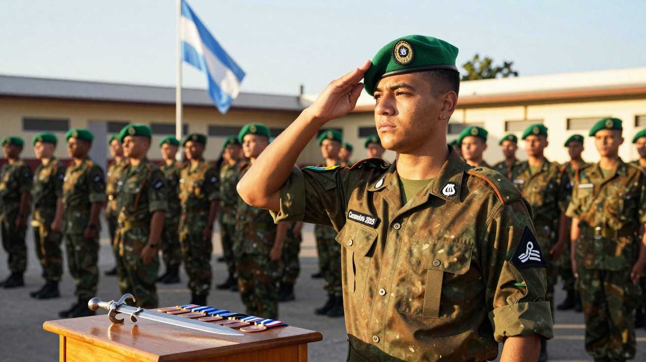 Soldado em uniforme camuflado e boina verde a saudar, com grupo de militares alinhados e bandeira ao fundo.