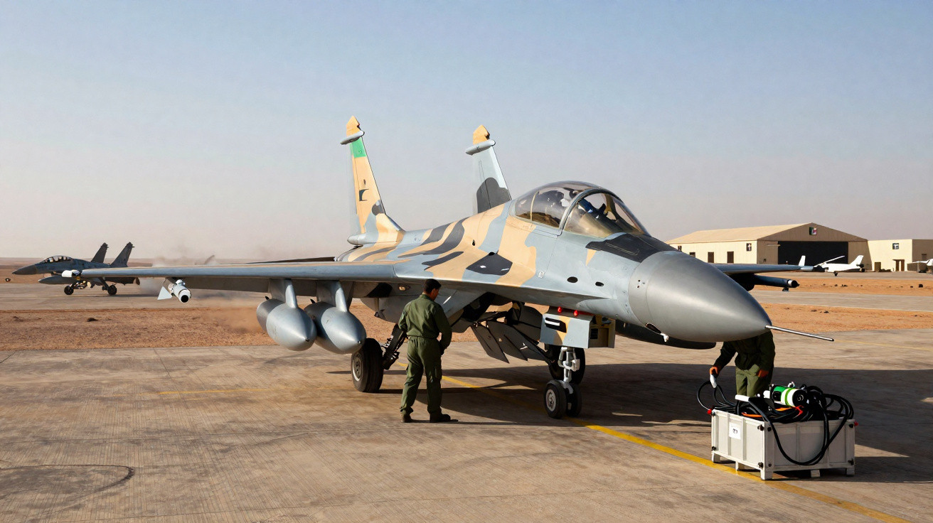 Avião de combate camuflado estacionado numa pista de deserto com técnicos militares a realizar manutenção.