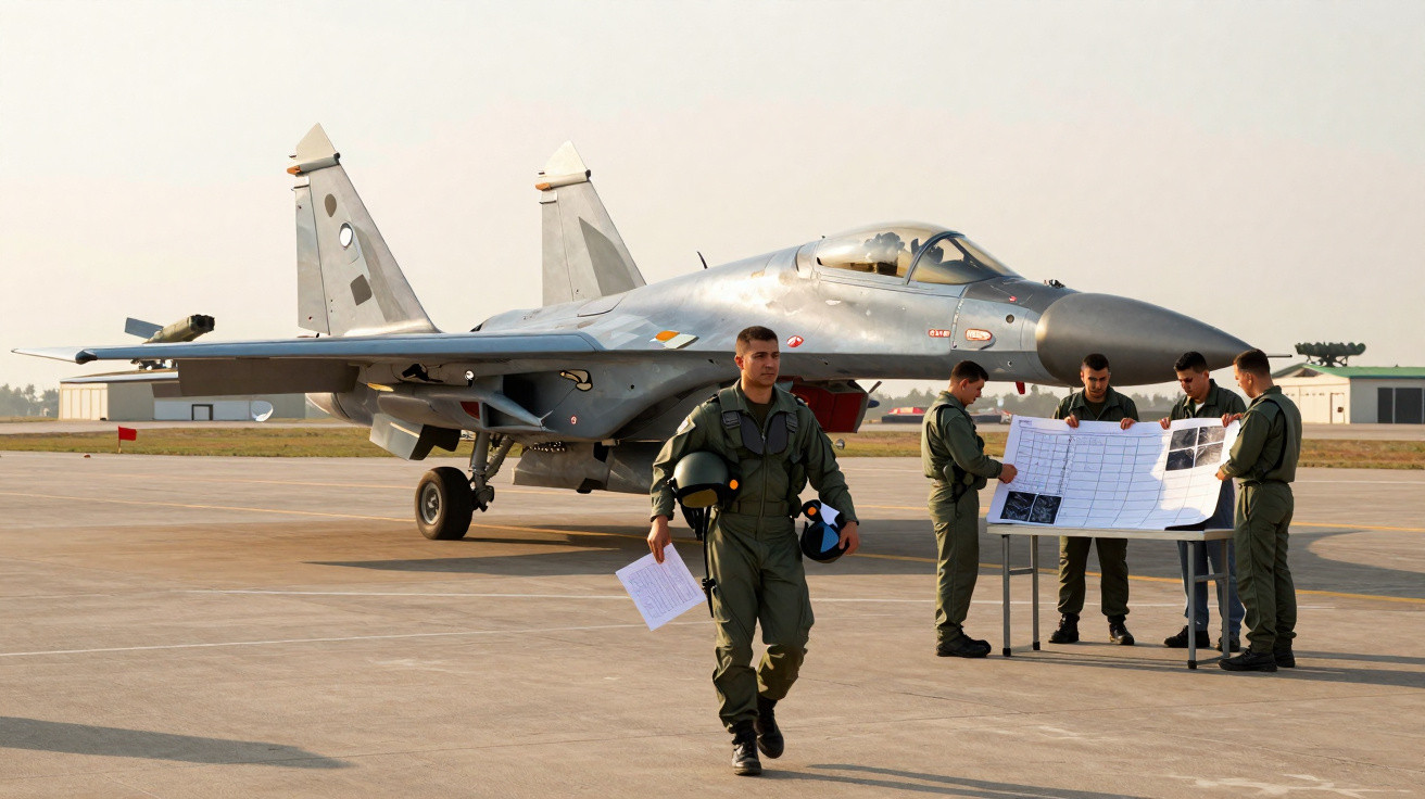 Avião de caça estacionado com cinco pilotos em uniforme militar, um caminha com documentos na pista.