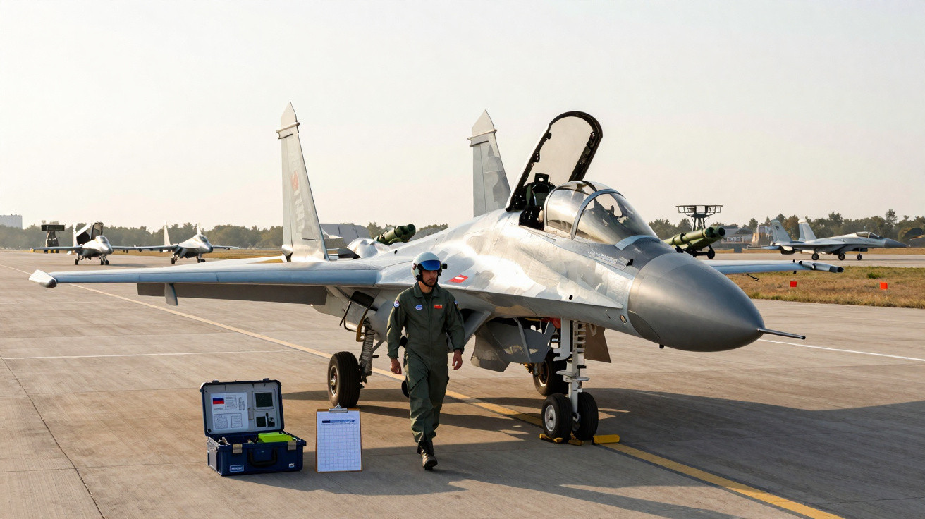 Caça militar estacionado numa pista de aeroporto com piloto e equipamentos ao lado.