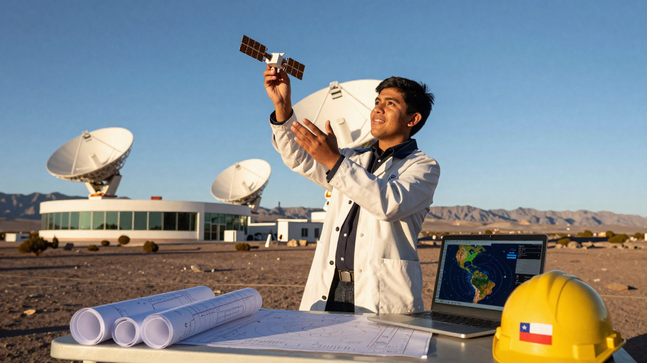Jovem cientista segura modelo de satélite ao ar livre, com mesa de trabalho, laptop, e antenas parabólicas ao fundo.