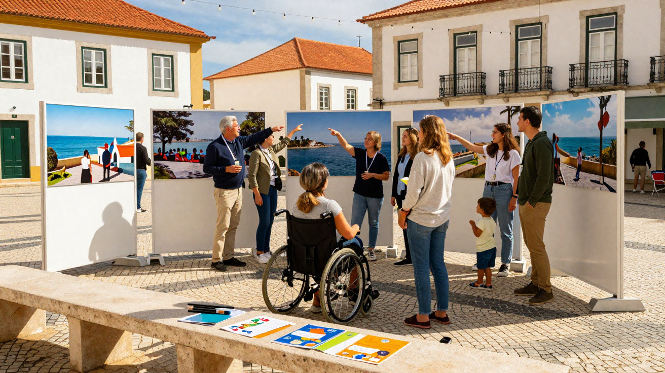 Grupo de pessoas a observar painéis fotográficos numa exposição ao ar livre numa praça urbana.