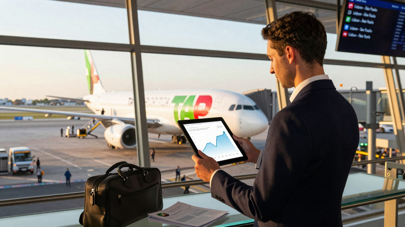 Homem de fato a usar tablet com gráfico, com avião TAP ao fundo num aeroporto.