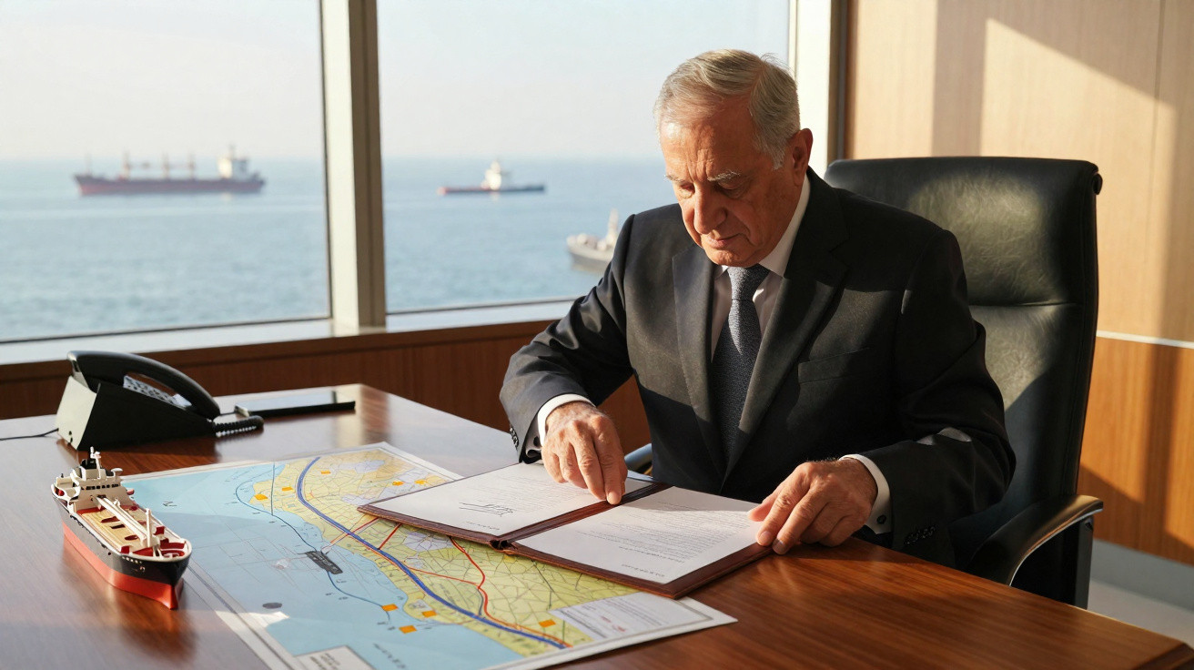 Homem de fato sentado numa sala com vista para o mar, a analisar documentos e um mapa sobre uma mesa com modelo de navio.