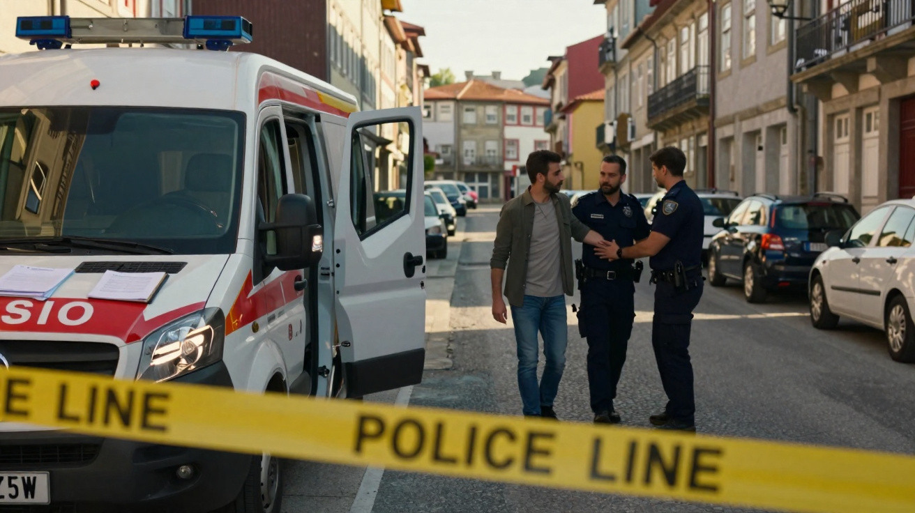 Cena de rua com dois polícias a escoltar homem junto a ambulância e fita de isolamento policial.