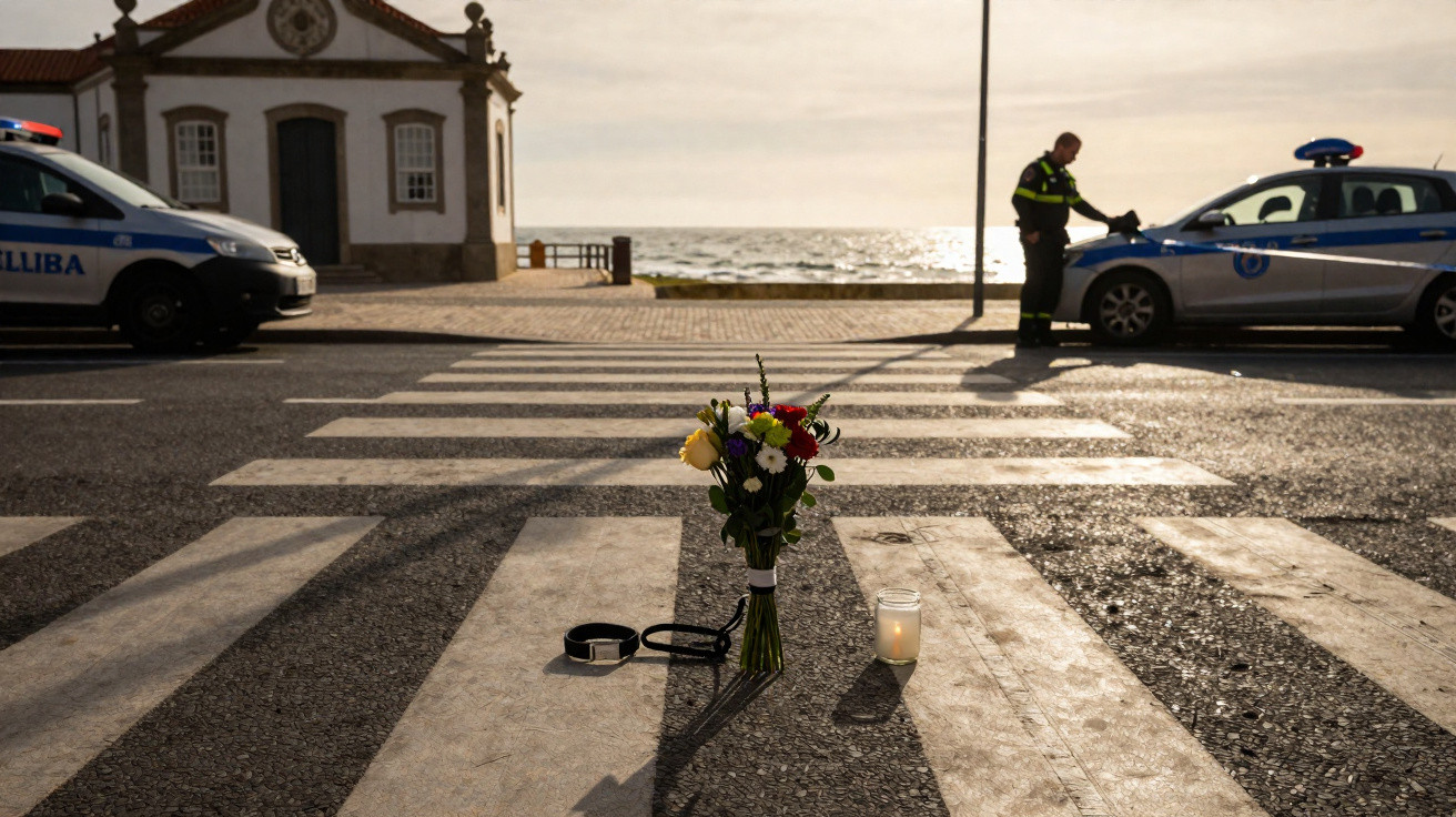Flores, vela e coleira no passeio assinalado com polícia e viatura no fundo junto ao mar ao pôr do sol.