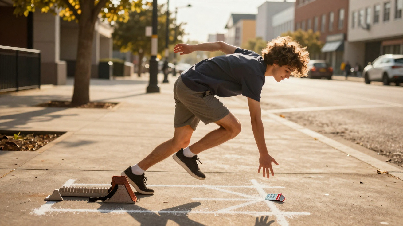 Criança com roupa casual a iniciar uma corrida numa pista de asfalto marcada com giz branco numa rua urbana.