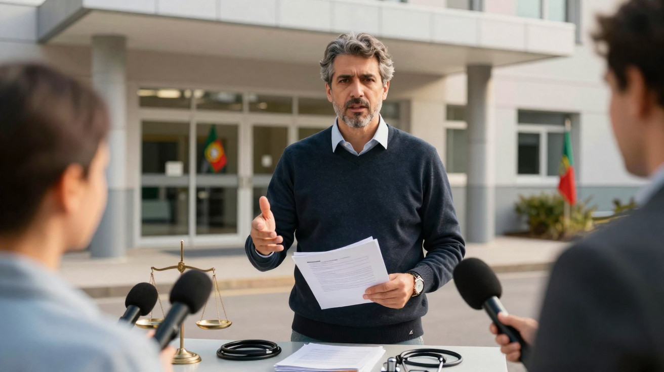 Homem a falar à frente de microfones com documentos e os símbolos da justiça, em frente a um edifício oficial.