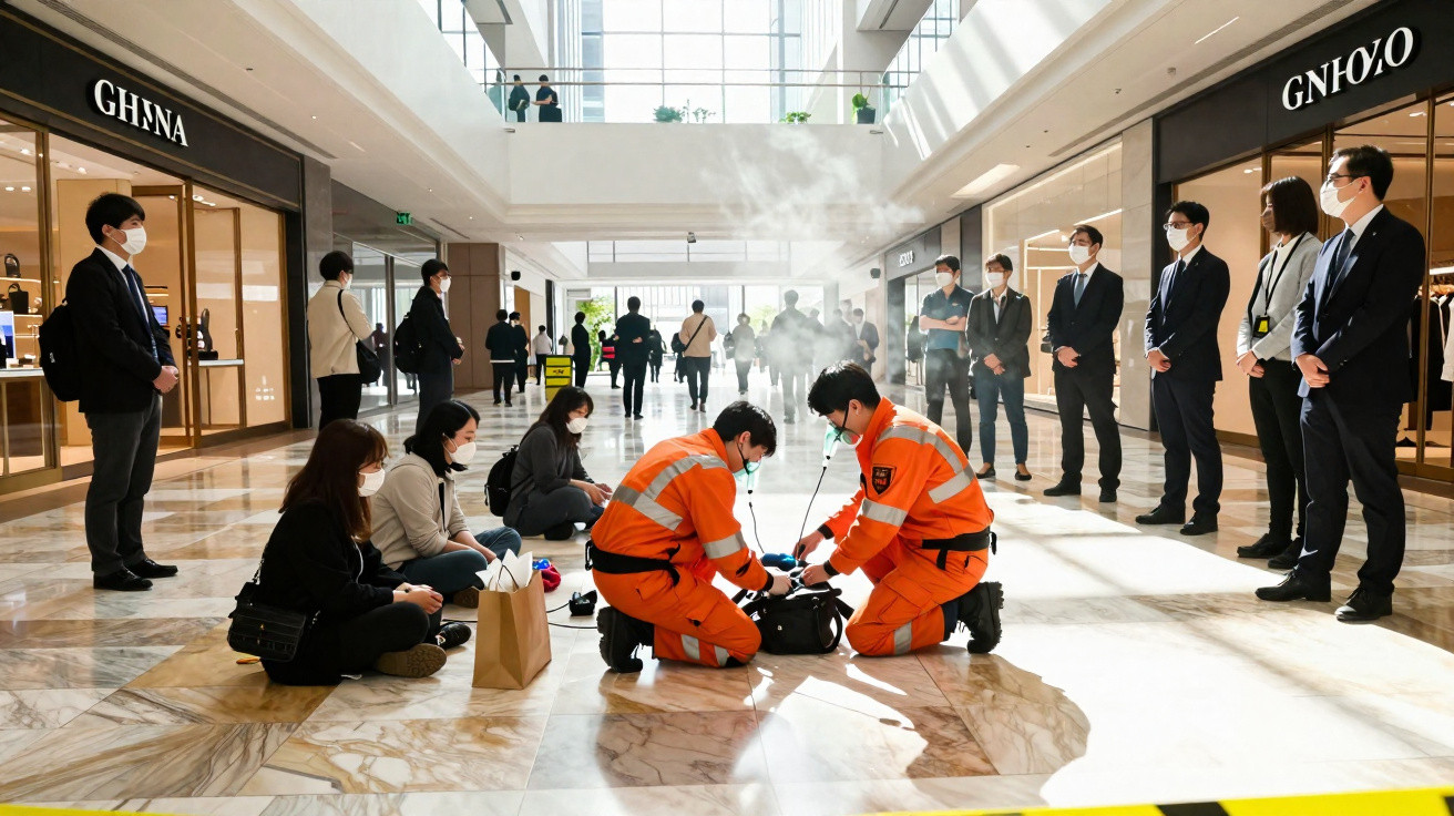 Dois socorristas em fatos laranja prestam ajuda em centro comercial a pessoa no chão, rodeados por pessoas de máscara.