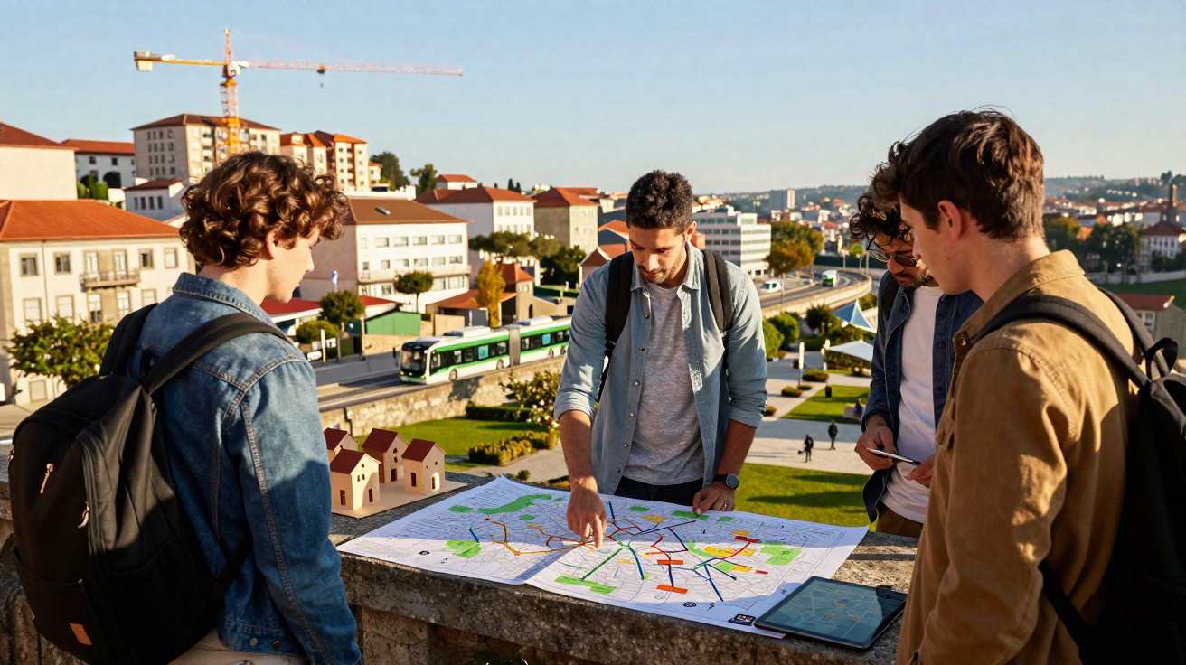 Quatro jovens observam um mapa urbano detalhado ao ar livre num dia ensolarado.