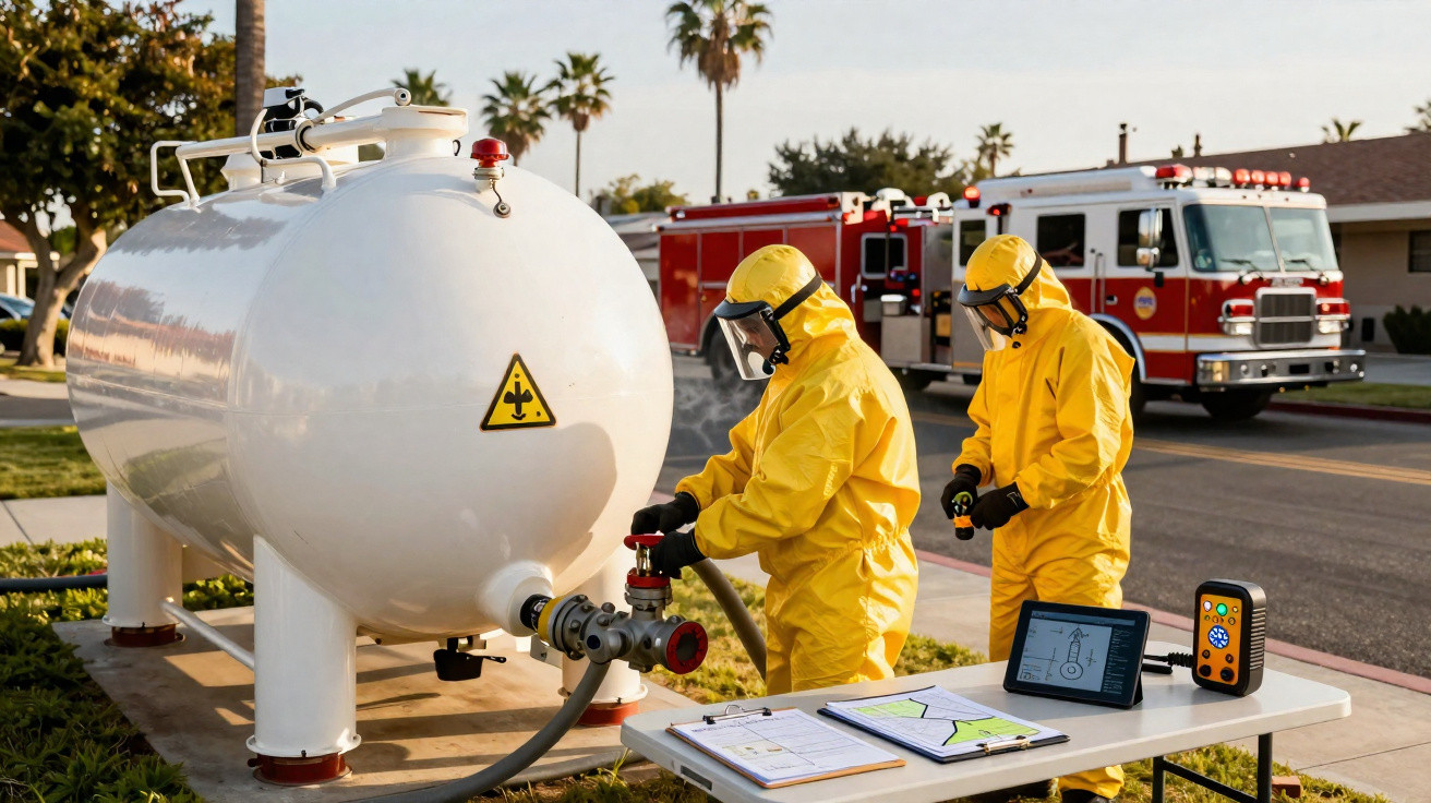 Dois trabalhadores em fato de proteção amarelo manipulam tanque de gás com caminhão de bombeiros ao fundo.