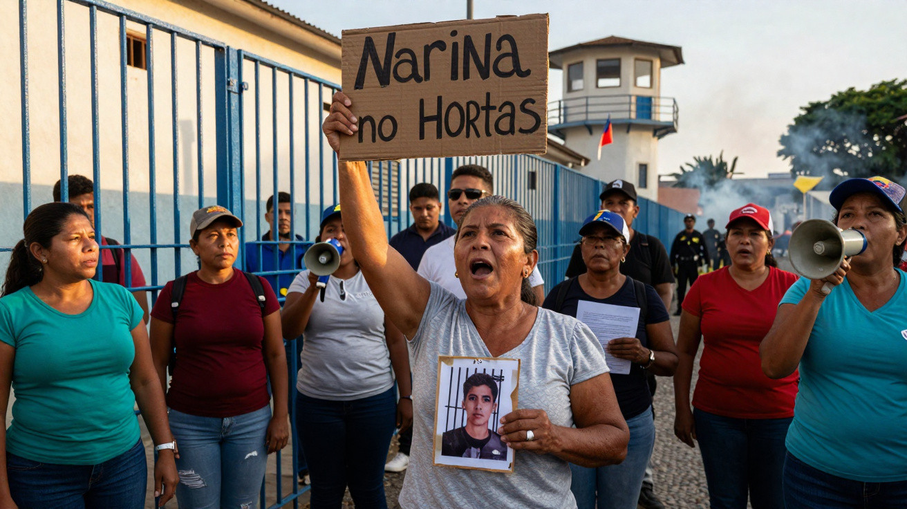 Grupo de pessoas em protesto com cartaz e fotografia de jovem, junto a grades e edifício prisional.