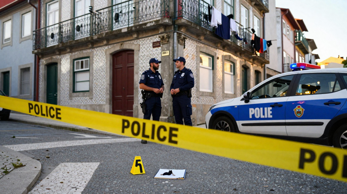 Rua urbana isolada com fitas de polícia, dois agentes em pé e veículo policial estacionado perto.