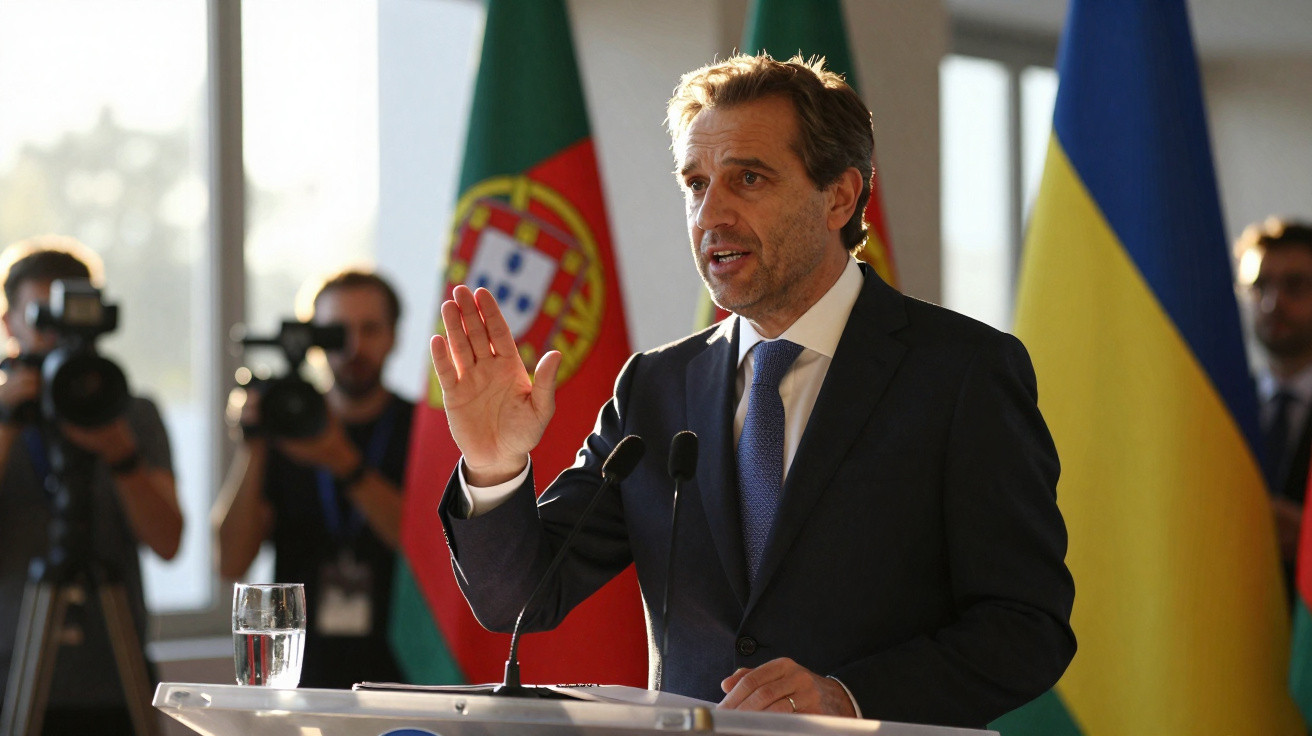Homem em fato escuro a falar num púlpito com microfones, com bandeiras de Portugal e Ucrânia ao fundo.