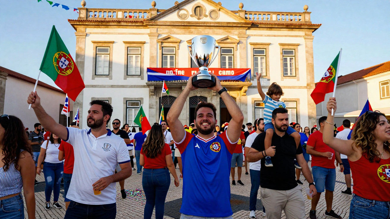 Pessoas celebram com bandeiras de Portugal e troféu à frente de edifício histórico sob céu limpo.