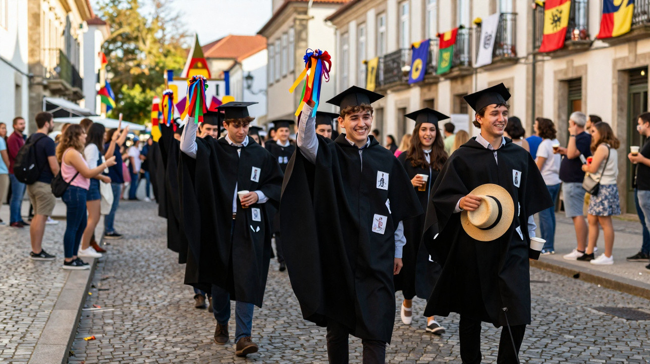 Estudantes de finalistas em traje académico preto desfilam numa rua de pedra com bandeiras e pessoas a assistir.