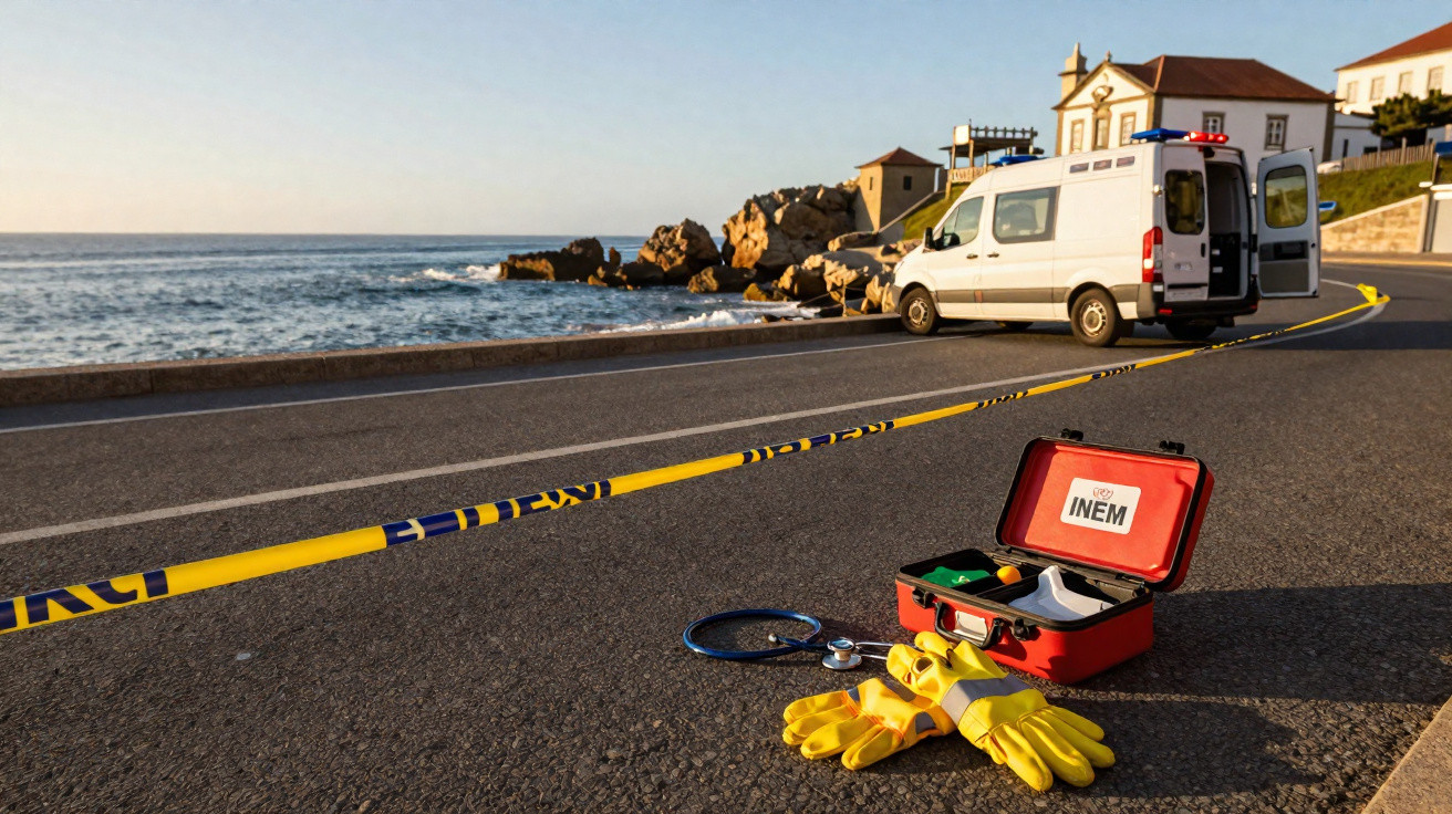 Zona costeira isolada pela polícia com ambulância do INEM e equipamento médico no chão junto ao mar.