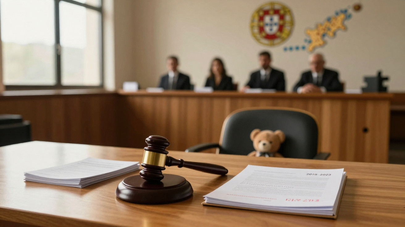 Martelo de juiz sobre mesa com pilhas de documentos, tribunal e teddy sentado numa cadeira ao fundo.